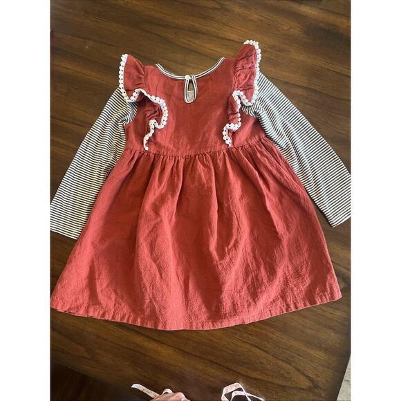 Girls Fall Dress Embroidered Faux Jumper Rust + Bl & Wh Sleeve, Cute Fit 4/5 - Picture 12 of 12